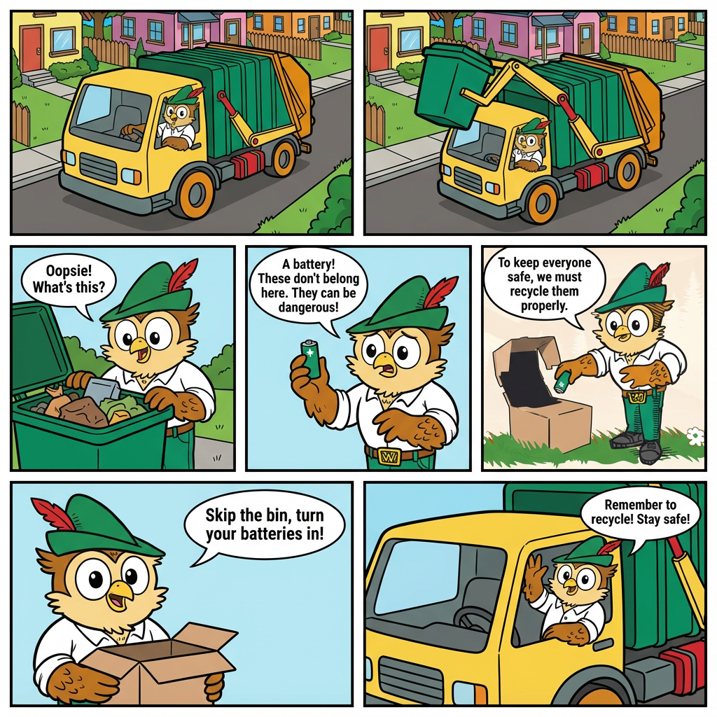 Woodsy comic teaching kids why batteries should never go in the trash